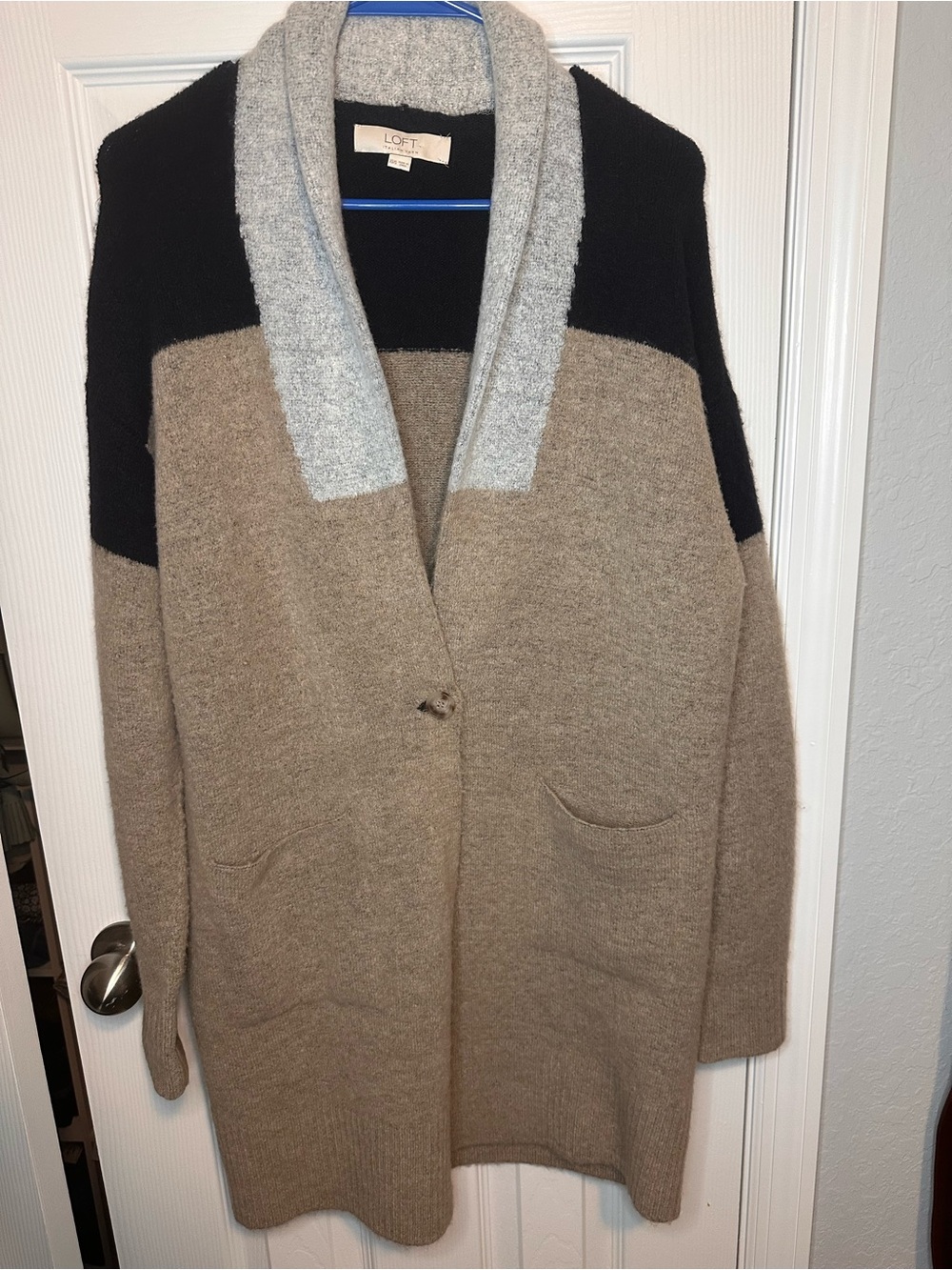LOFT Colorblock Open Front Sweater Cardigan in Black, Taupe, Light Gray